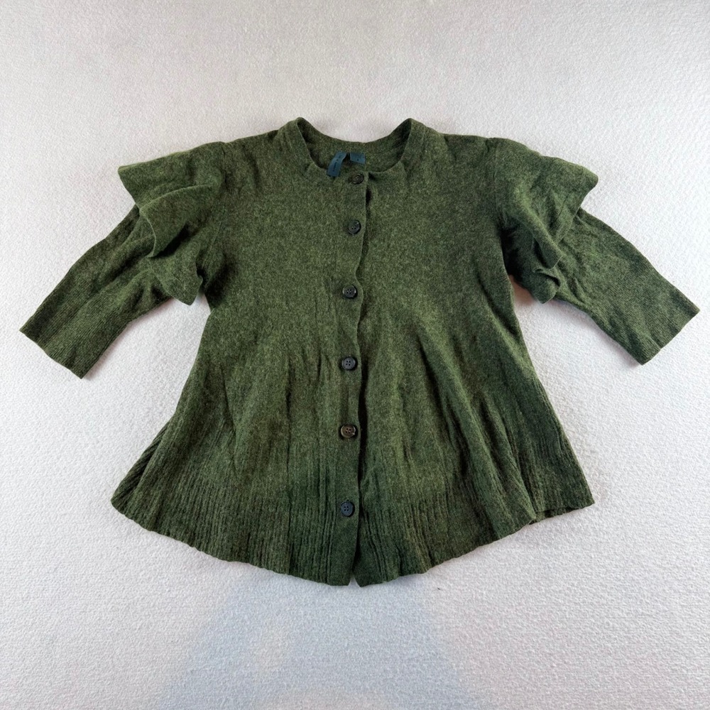 Anthropologie Left of Center Green Ruffle Shoulder Cashmere Wool Cardigan S